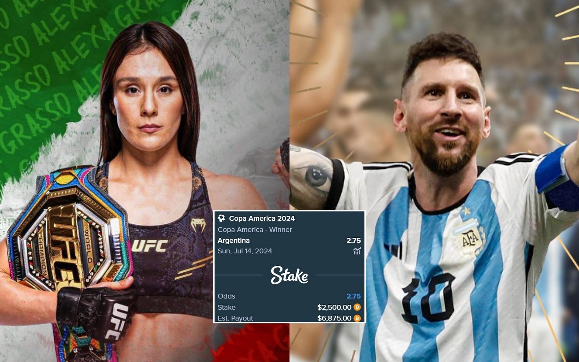 UFC flyweight queen Alexa Grasso (left) bet big (insert) on Leo Messi (right) and his team Argentina to win the Copa America Cup. [Image credity: @alex_grasso and @leomessi on Instagram]