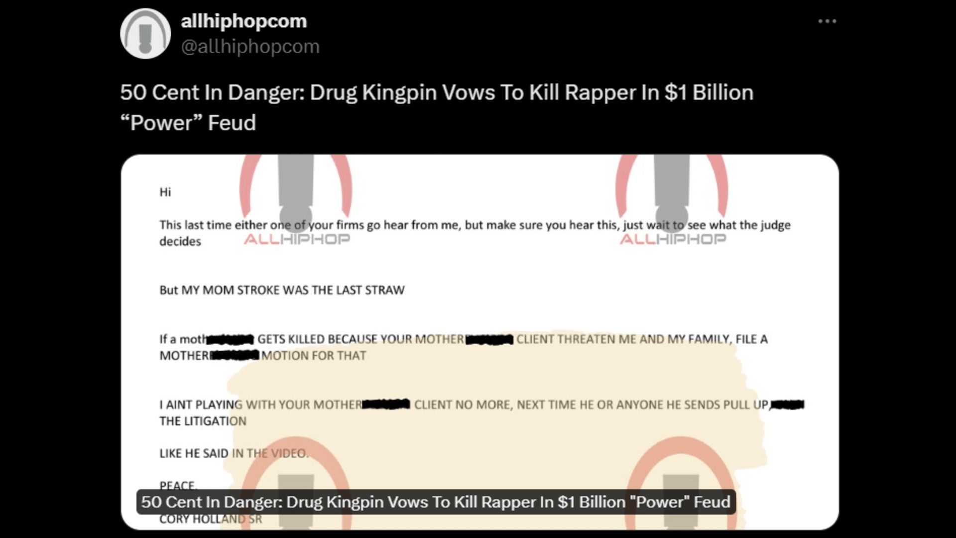 The alleged email exchange between 50 Cent&#039;s attorneys and Cory &quot;Ghost&quot; Holland shared by All Hip Hop. (Image via X/allhiphopcom)