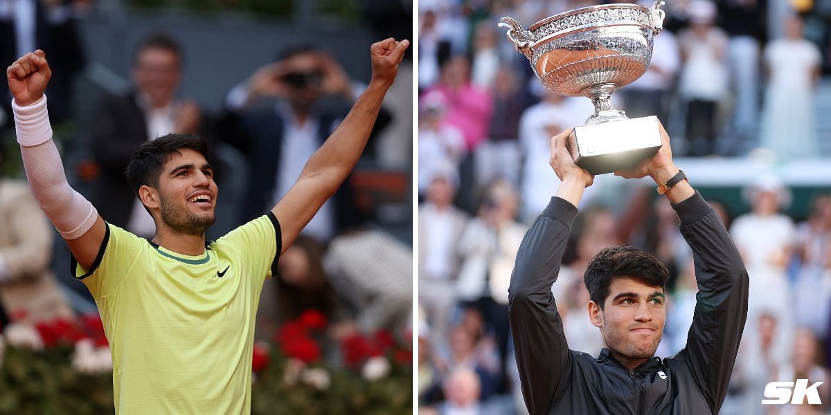 Carlos Alcaraz with his French Open and Wimbledon trophies (Source:Getty)