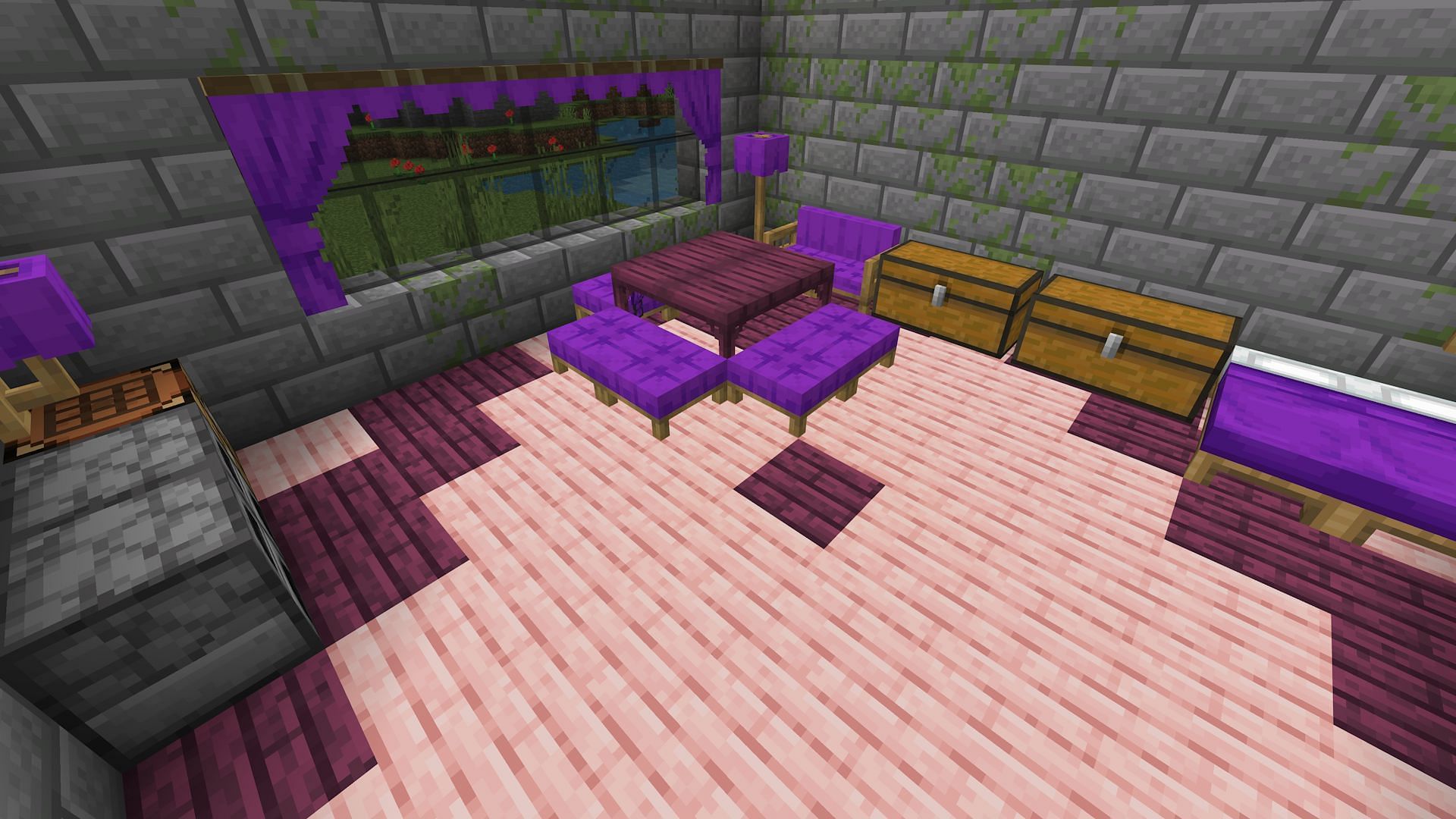 A basic base decorated with furniture from a decorative Minecraft addon (Image via Mojang)
