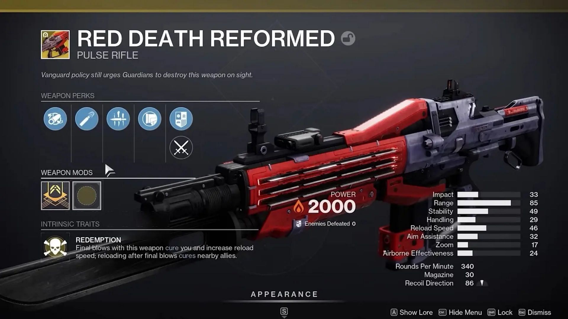 The Red Death Reformed stats (Image via Bungie)