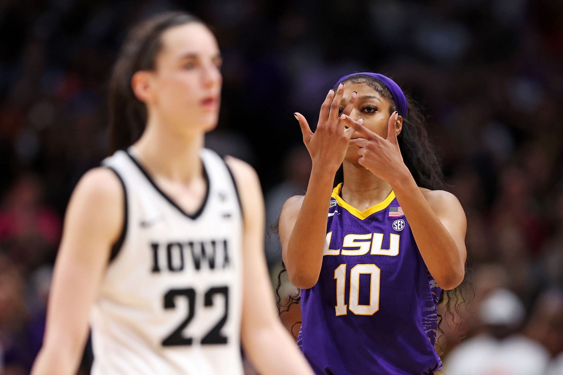 Caitlin Clark vs. Angel Reese during the 2023 NCAA Women&#039;s Basketball Tournament Championship