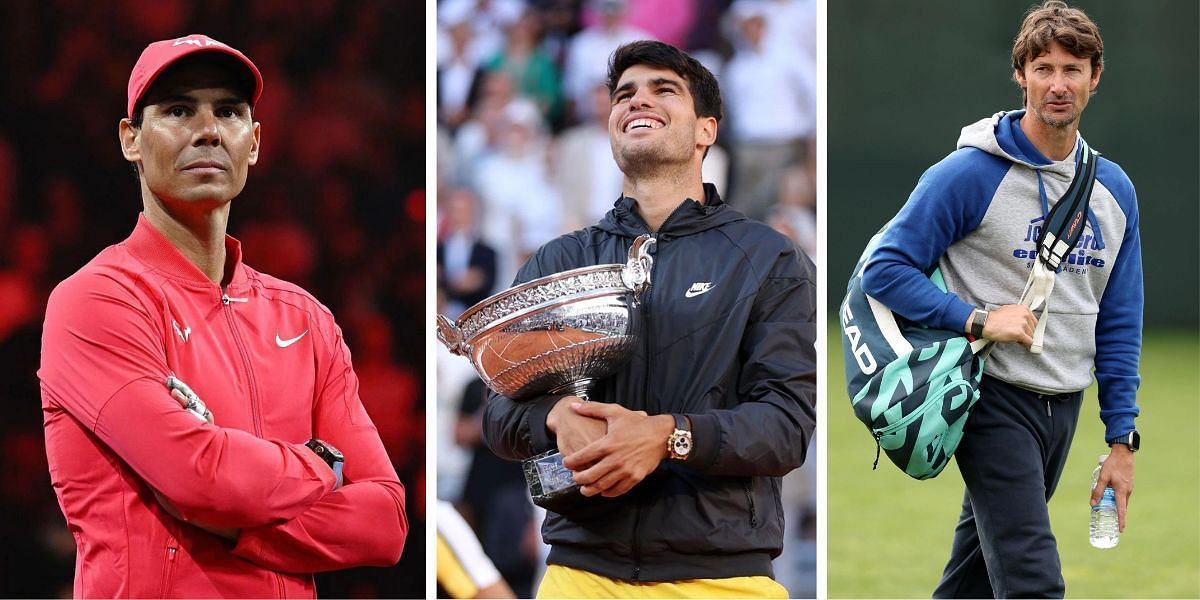 Rafael Nadal (L), Carlos Alcaraz (C) and Juan Carlos Ferrero (R)