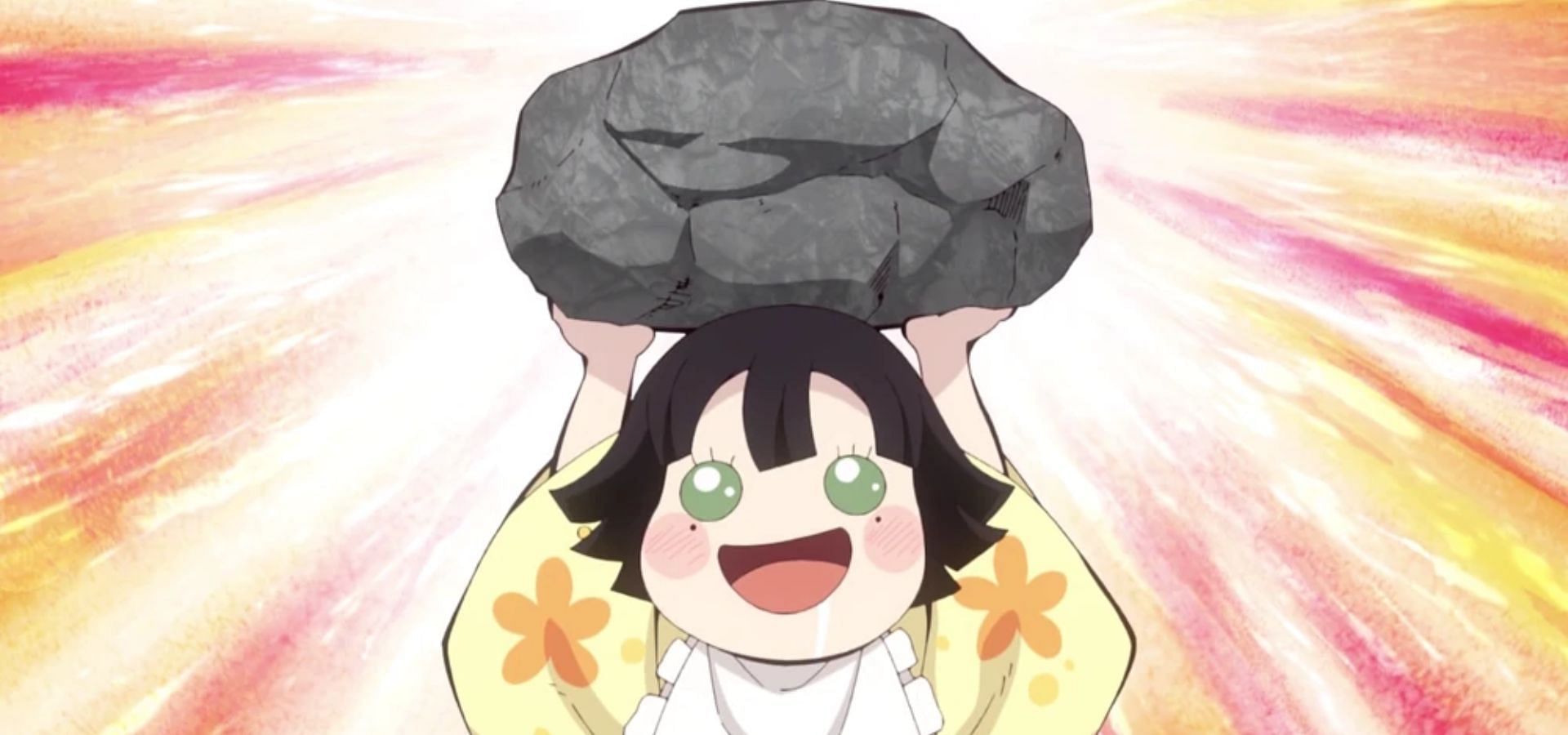 Young Mitsuri lifting a stone (Image via Studio Ufotable)