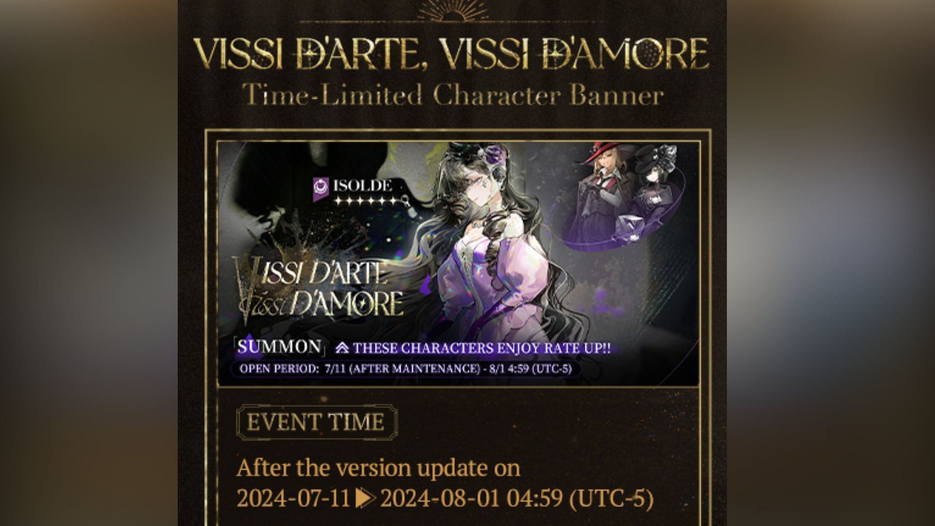 Timekeepers can summon Isolde from the Vissi D&#039;arte, Vissi D&#039;amore banner in the Reverse 1999 version 1.7 update. (Image via Bluepoch)