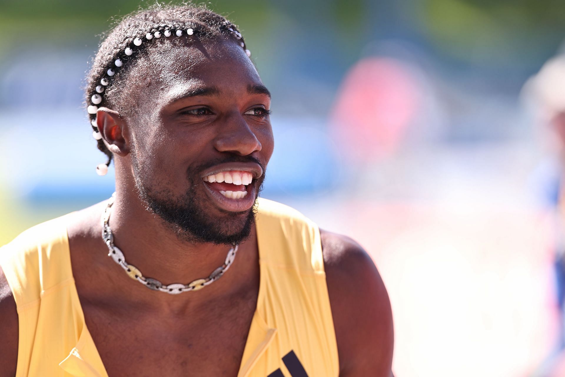 Noah Lyles after winning the men&#039;s 200m during the 2024 USATF NYC Grand Prix in New York City.