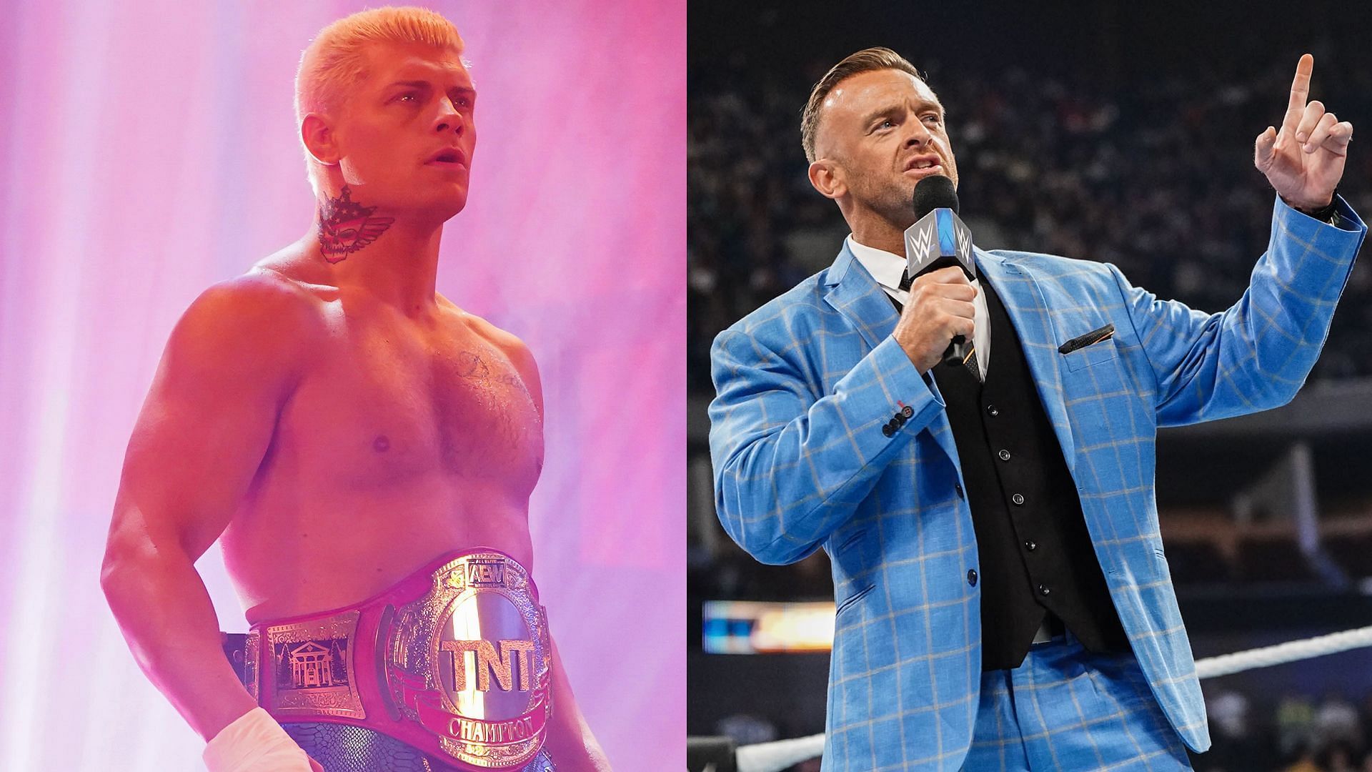 Cody Rhodes in AEW; the SmackDown GM (credits: All Elite Wrestling; Nick Aldis on X)