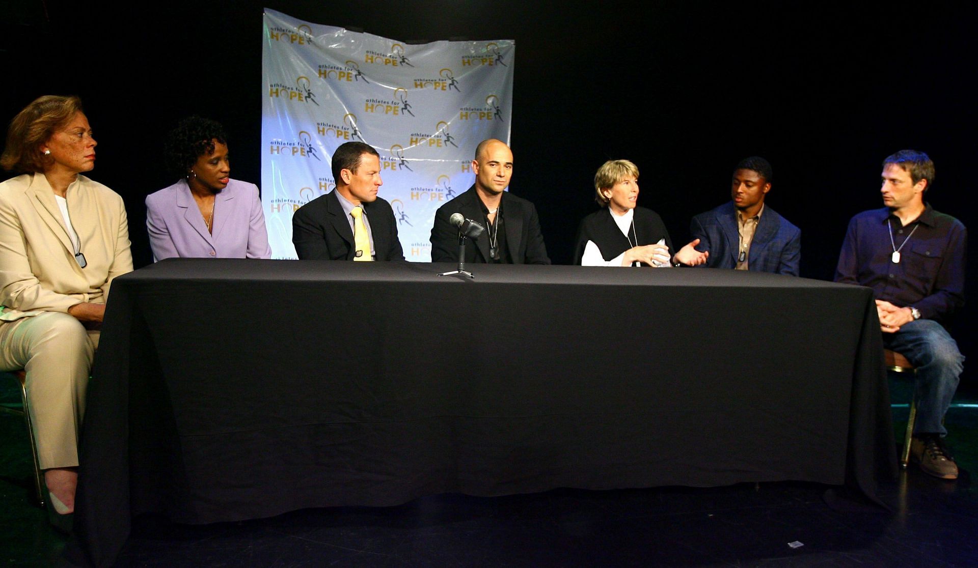 Lonnie Ali, former track and field athlete Jackie Joyner-Kersee, former cyclist Lance Armstong, former tennis star Andre Agassi, former tennis star Andrea Jaeger, NFL running back Warrick Dunn and skateboarding pro Tony Hawk attend a press conference for Athletes for Hope at Manhattan Center Studios on April 25, 2007 in New York City. (Photo by Scott Wintrow/Getty Images)