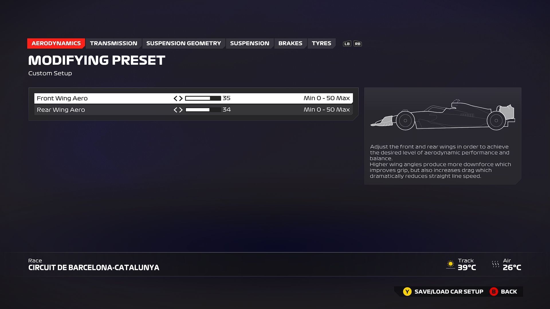 Best recommended Aerodynamics setting for Circuit de Barcelona-Catalunya (Image via EA Sports)