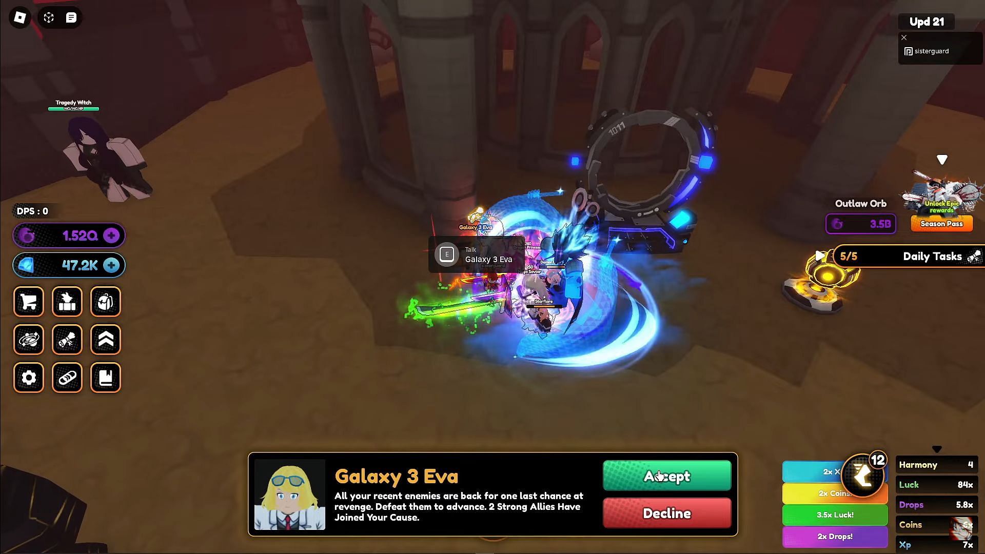 Galactic Eva gives the unlock quest for Galaxy 3 (Image via Roblox || Sister guard on YouTube)