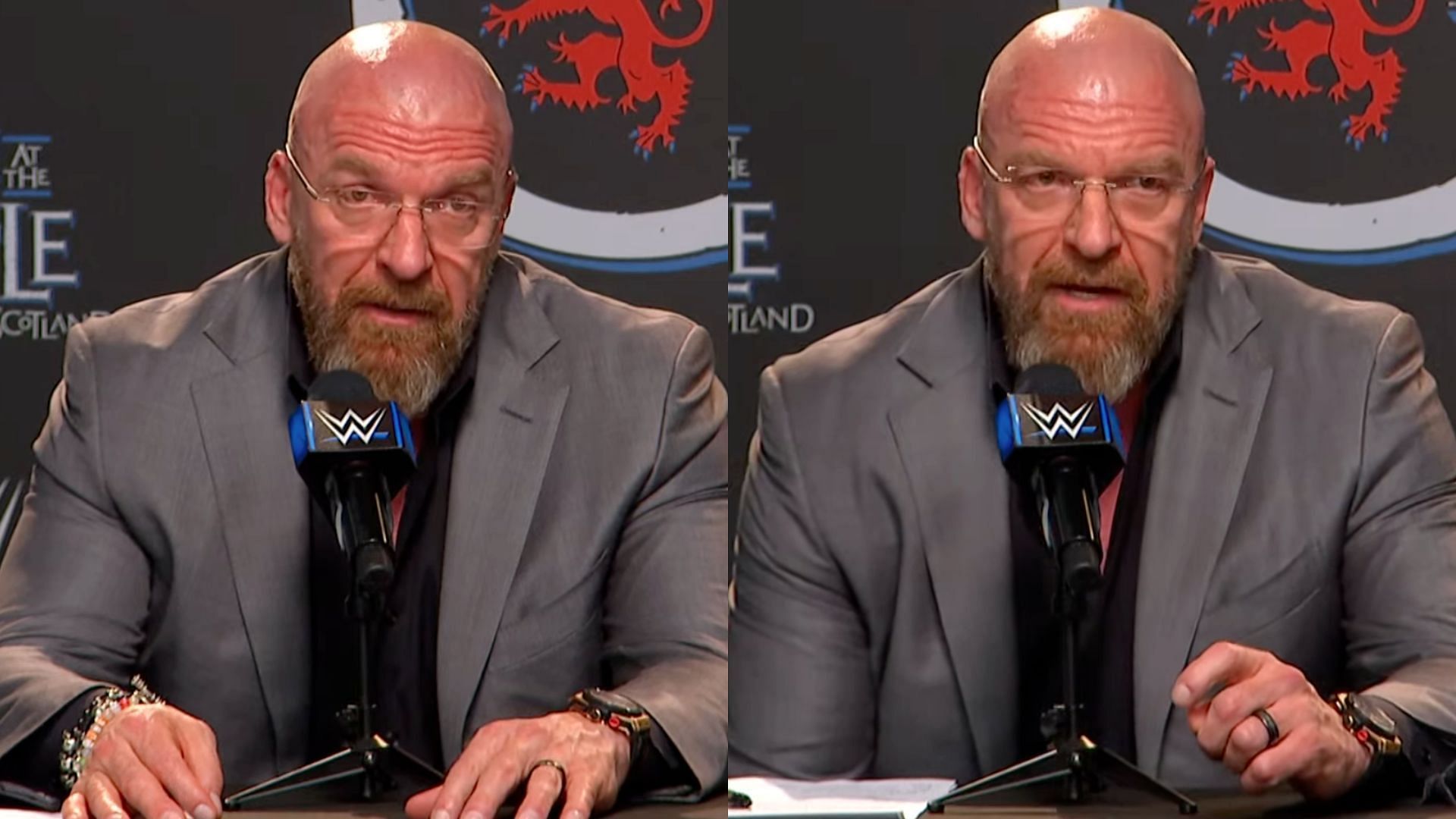 Triple H was at the press conference following Clash at the Castle. [Photos: WWE on YouTube]