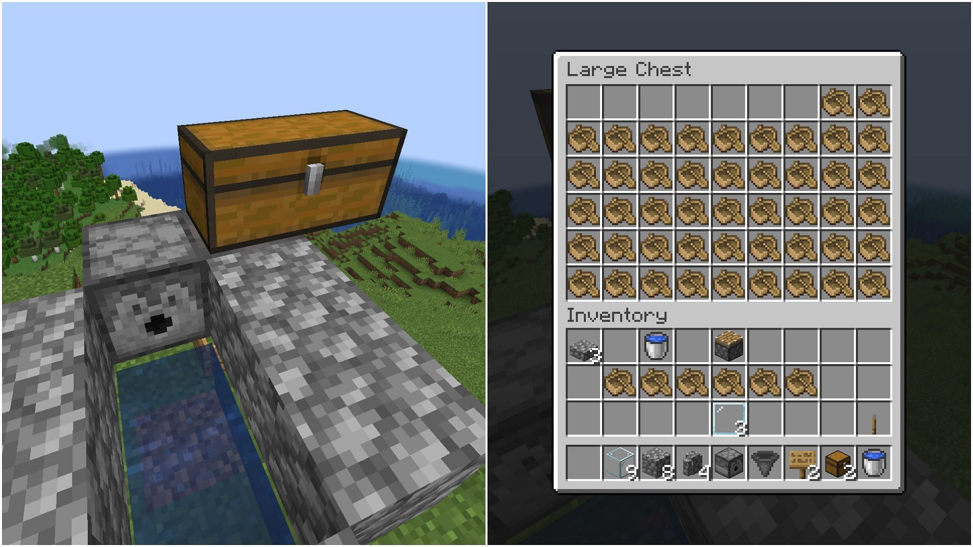 The dispenser, hopper, and chest combination will place boats on the water (Image via Mojang Studios)