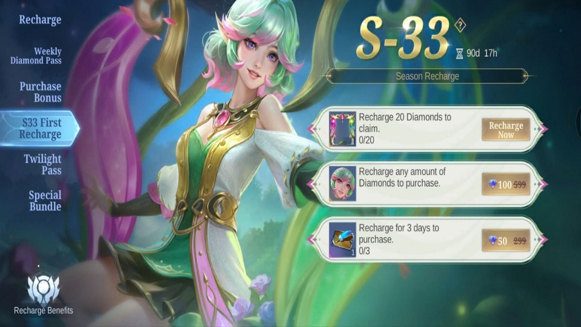 The S33 First Recharge event is now live in the game (Image via Moonton Games)