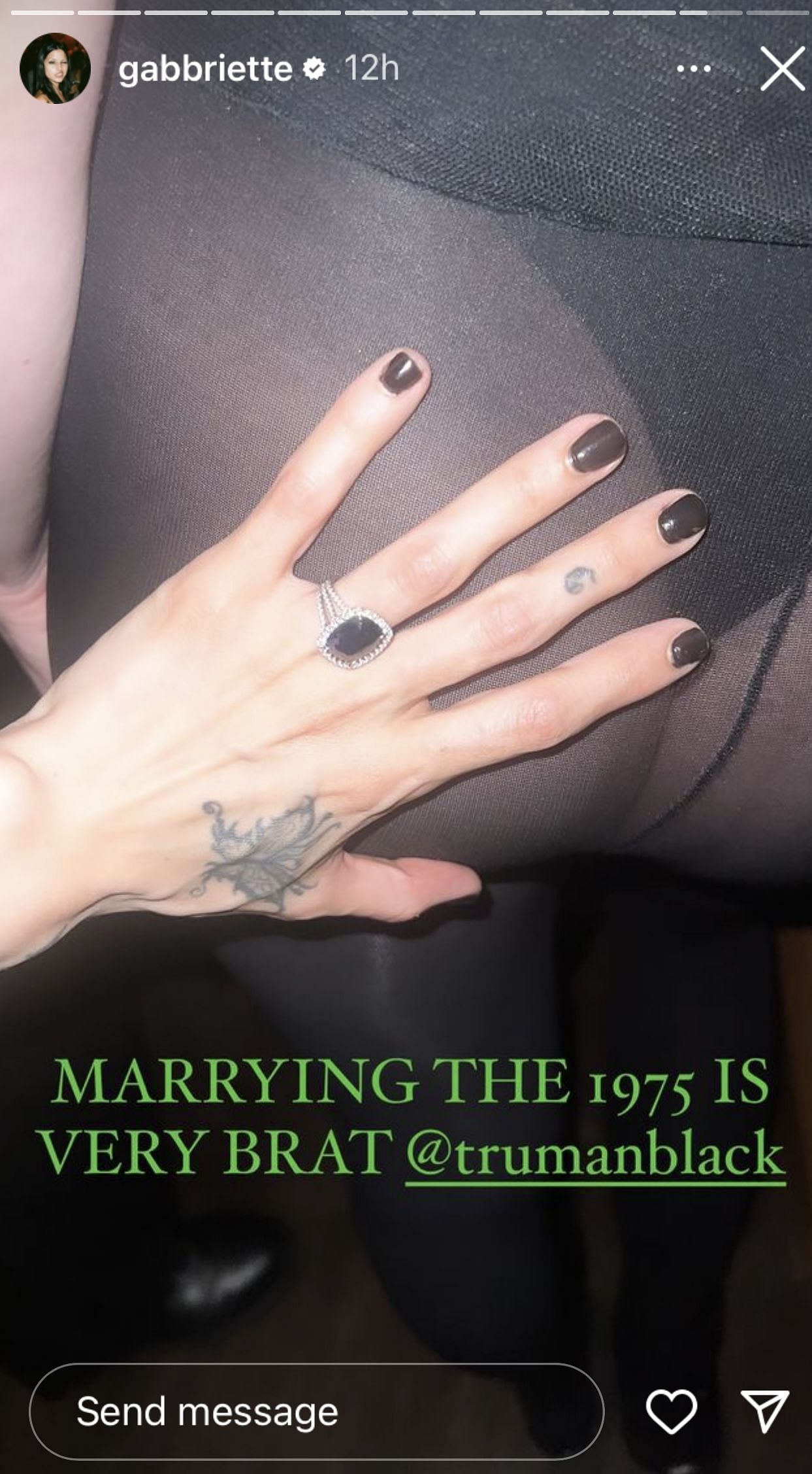 Gabbriette Bechtel&#039;s story showing her engagement ring (Image via @gabbriette/Instagram)