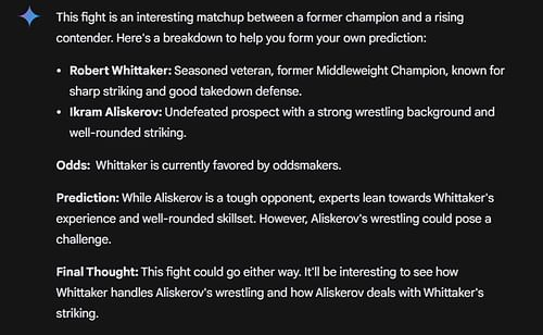 Google AI's prediction for Robert Whittaker vs. Ikram Aliskerov