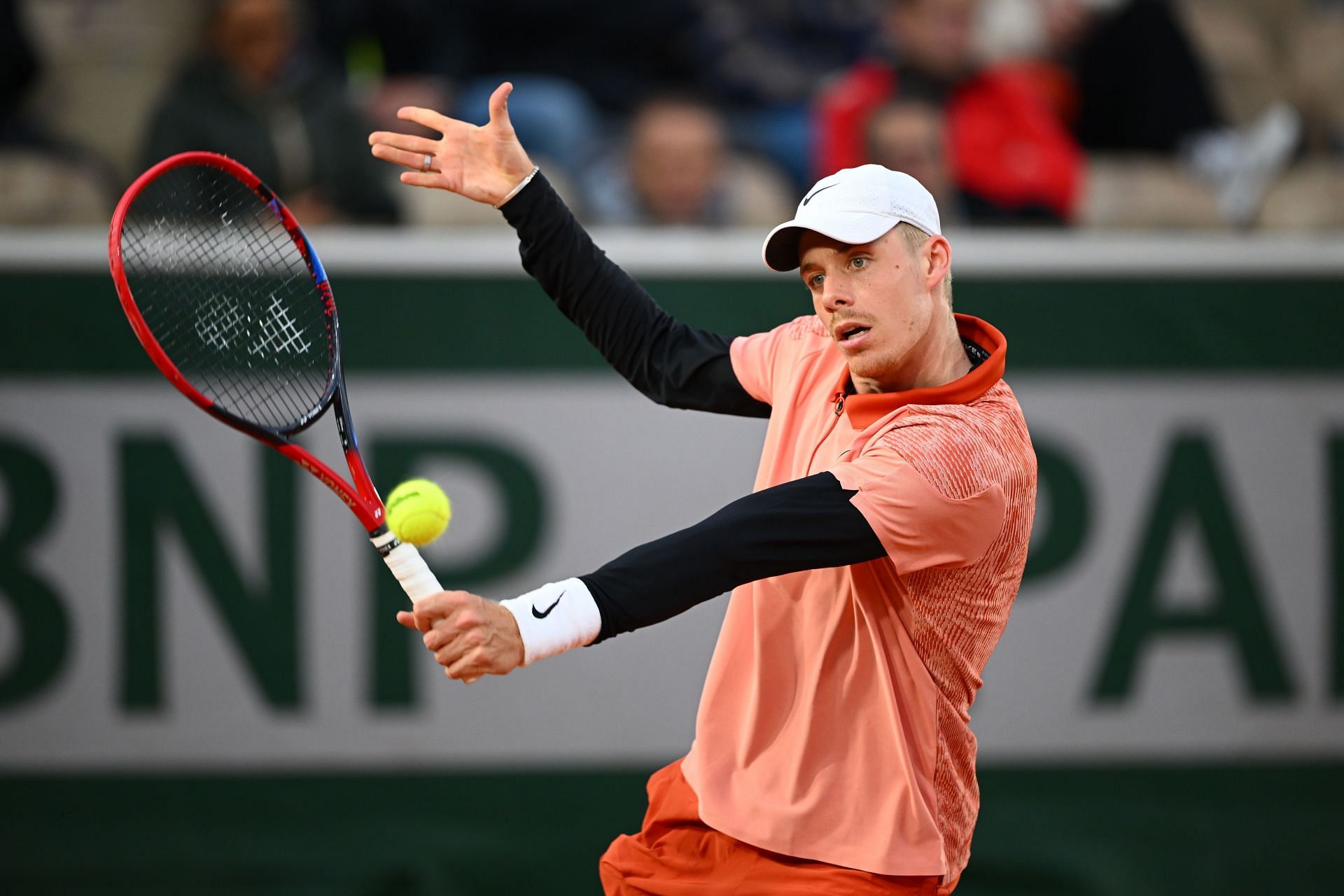 Denis Shapovalov in action against Hubert Hurkacz in the pair&#039;s third-round clash at the 2024 French Open