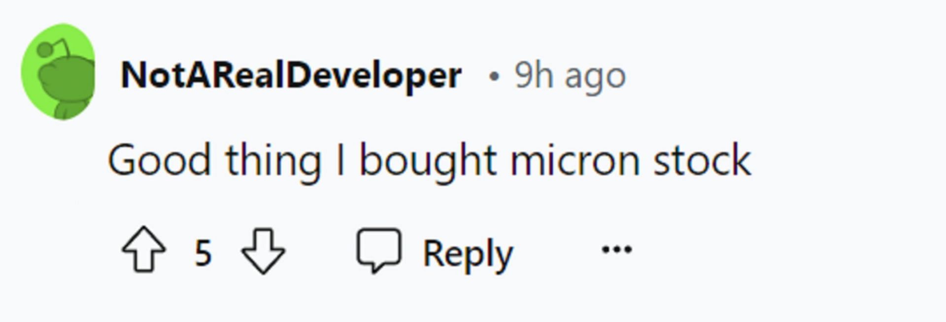 Reddit user&#039;s comment about Micron stock purchase (Image via NotARealDeveloper/Reddit)