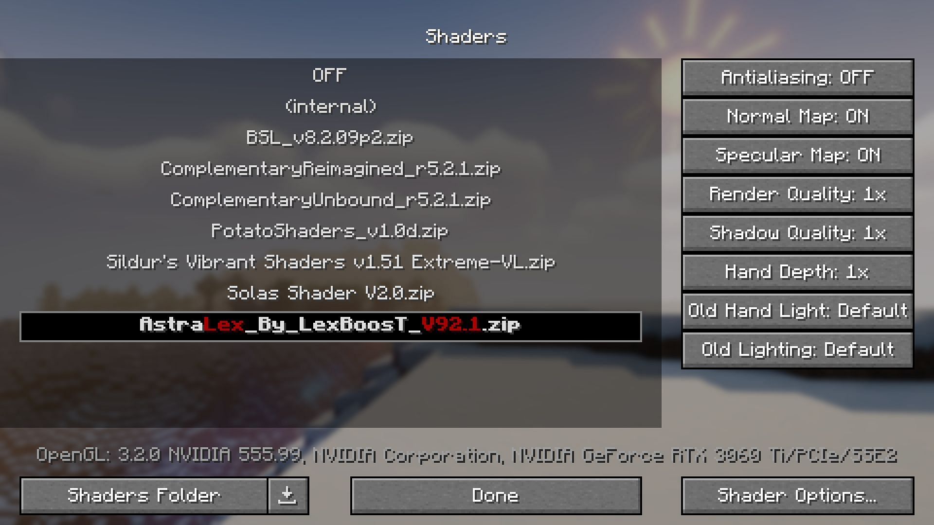 Optifine mod&#039;s shader selection screen (Image via Mojang)