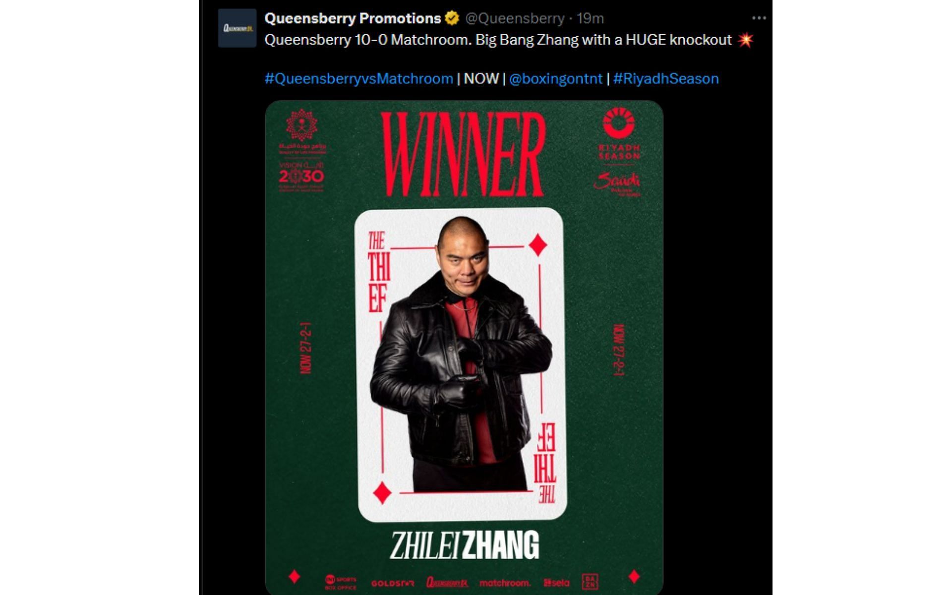 Queensberry&#039;s tweet regarding Zhilei Zhang vs. Deontay Wilder [Image courtesy: @Queensberry - X]