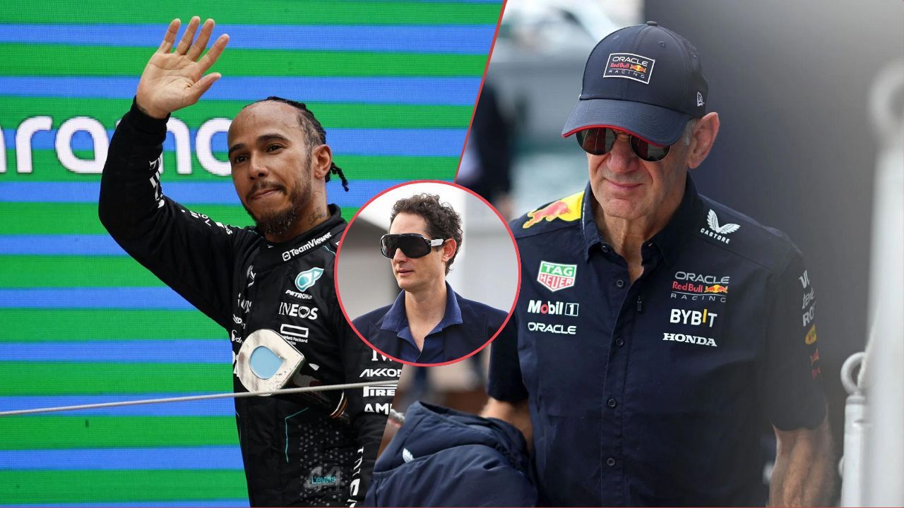 Lewis Hamilton looks on (L), Adrian Newey (R) and John Elkann (M) (Image Credits: Getty Images)