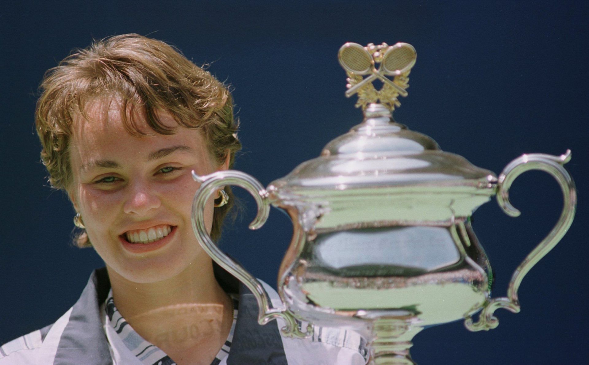 Martina Hingis with the 1997 Australian Open trophy