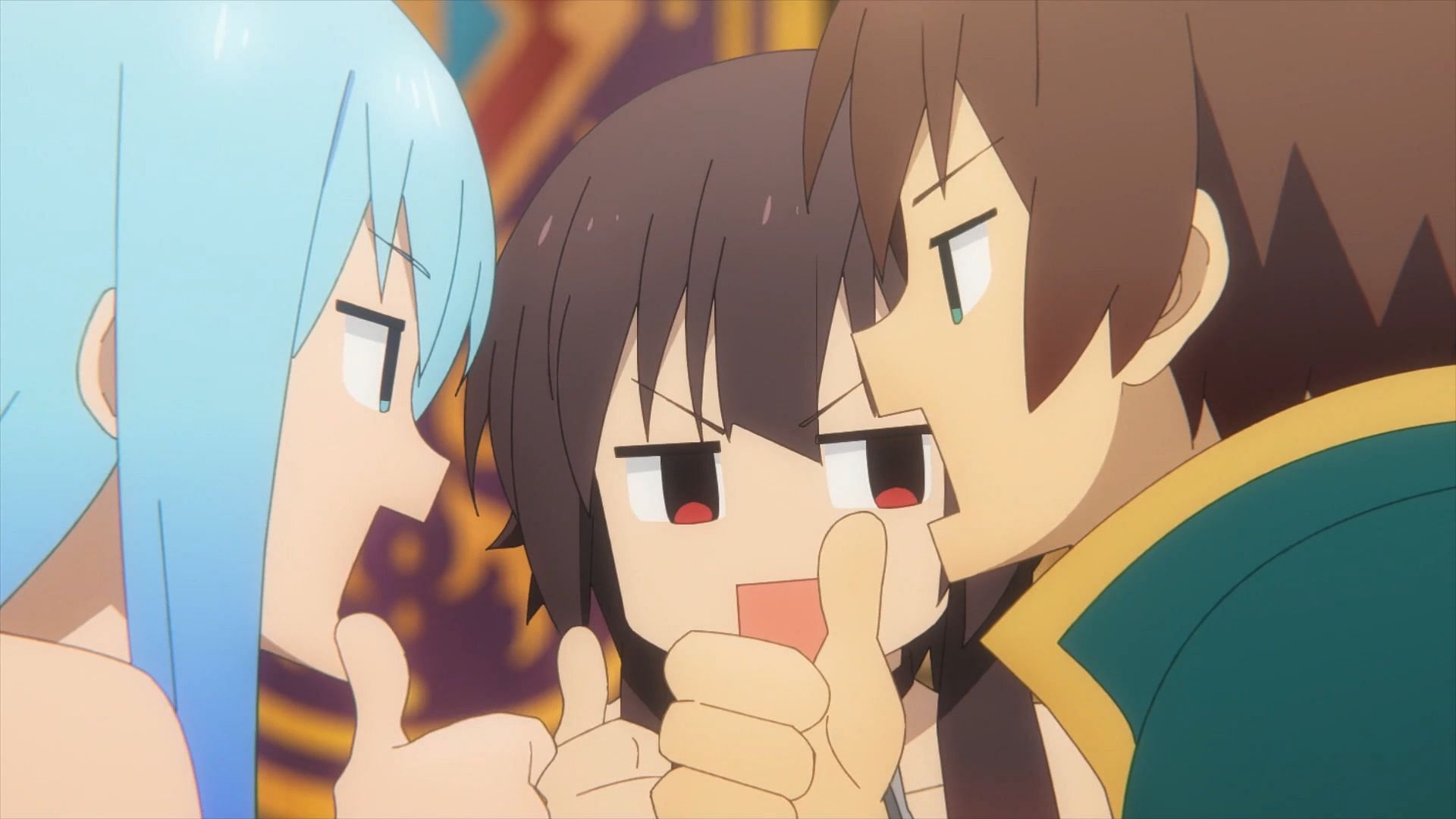 Megumin, Aqua, and Kazuma argue over whether or not to help Darkness in Konosuba season 3 episode 10 (Image via DEEN, Drive)