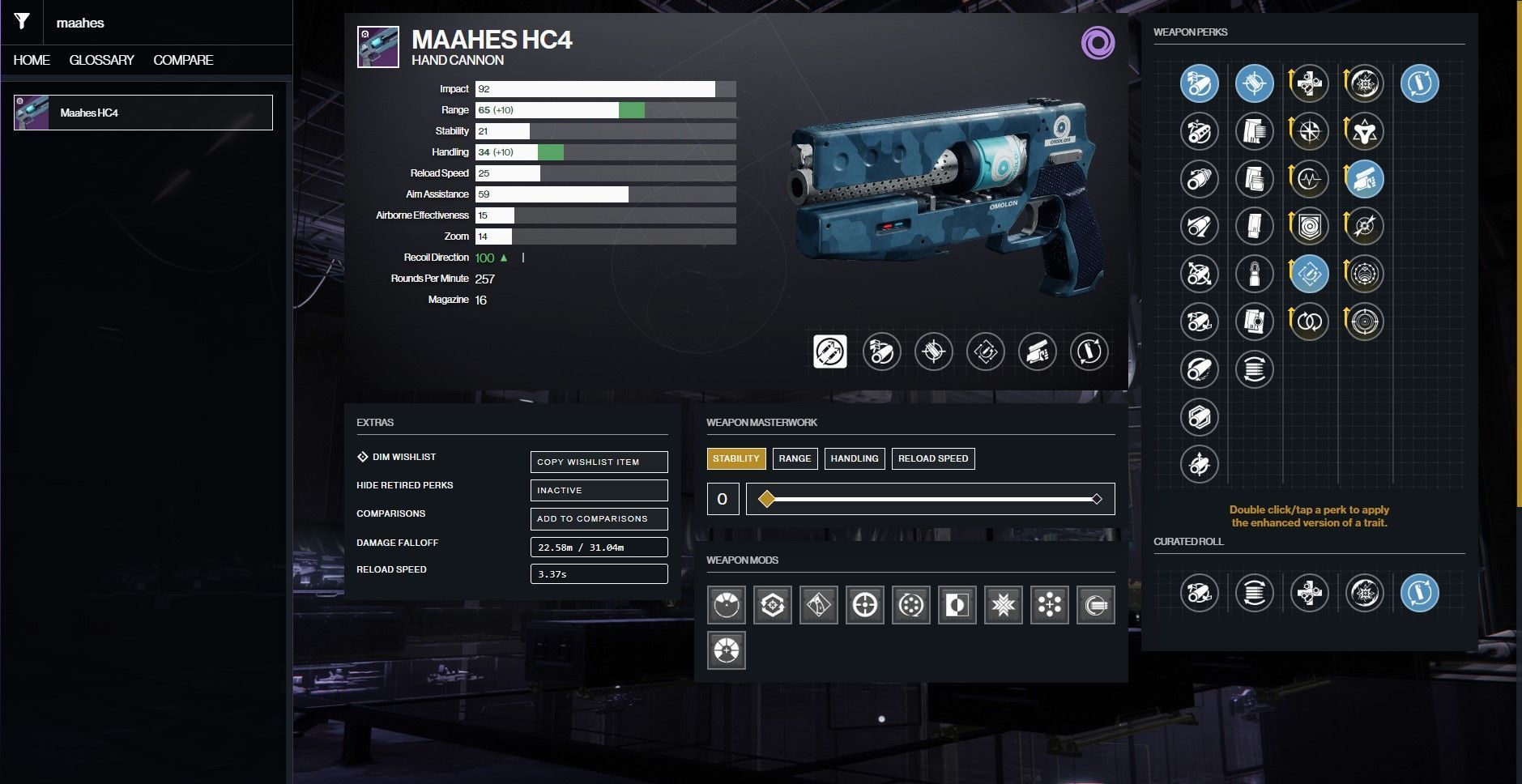 Maahes HC4 PvP god roll (Image via D2Gunsmith)