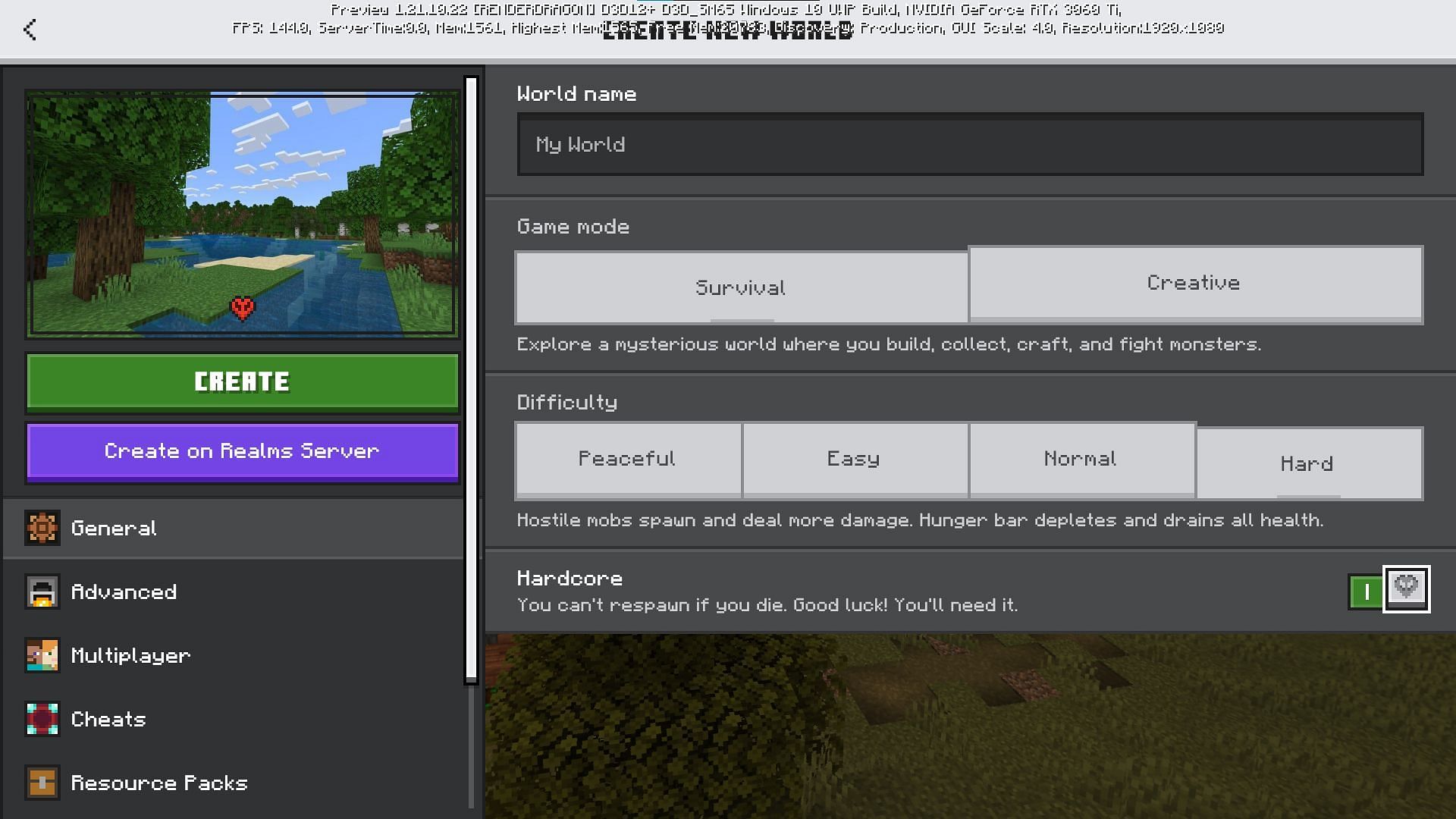 Hardcore mode setting in world creation screen (Image via Mojang)