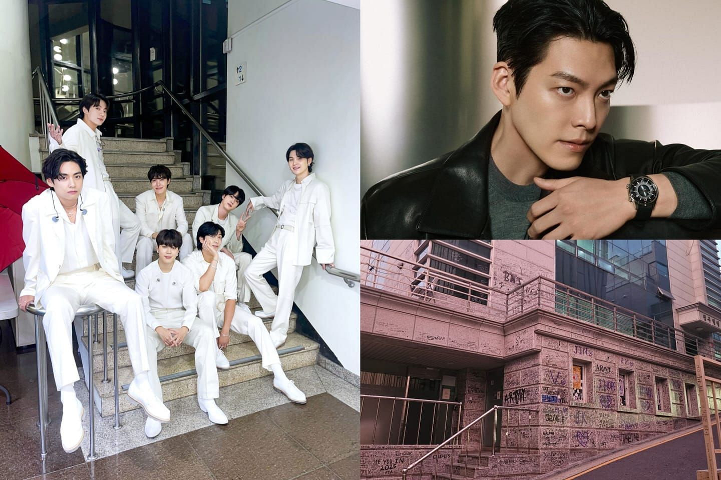 ARMYs emotional over reports of actor Kim Woo-bin purchasing the old BTS building (Image via @bts_bighit/X @___kimwoobin/Instagfram and @hobumsong/Instagram)