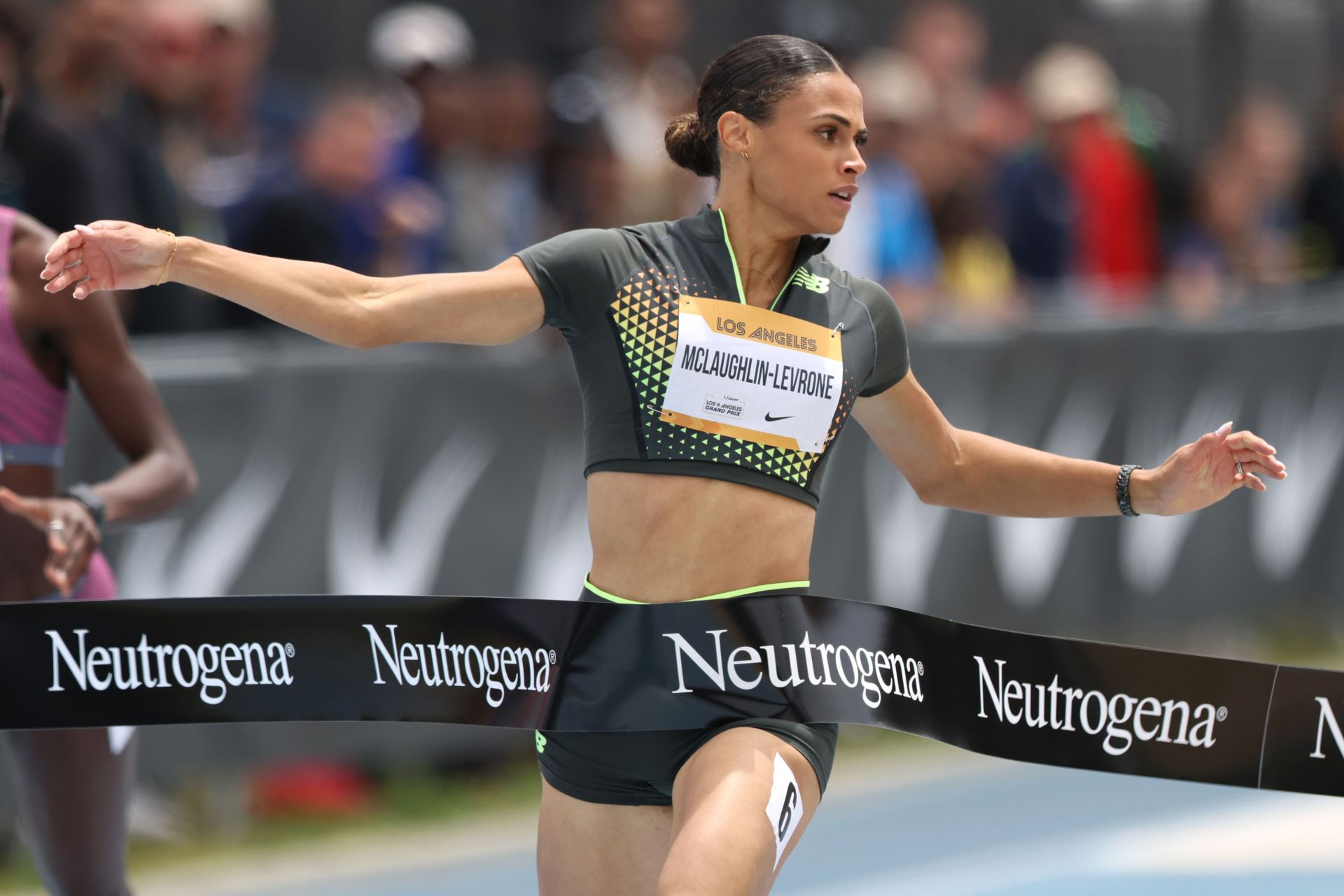 Sydney McLaughlin-Levrone crosses the finish line to win the women&#039;s 200m during the 2024 USATF Los Angeles Grand Prix at UCLA&#039;s Drake Stadium in Los Angeles, California.