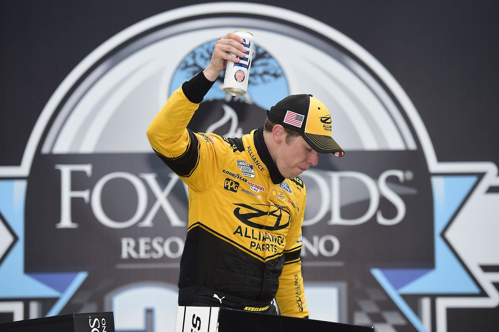 Brad Keselowski celebrates in Victory Lane after winning the NASCAR Cup Series Foxwoods Resort Casino 301. Courtesy: Getty