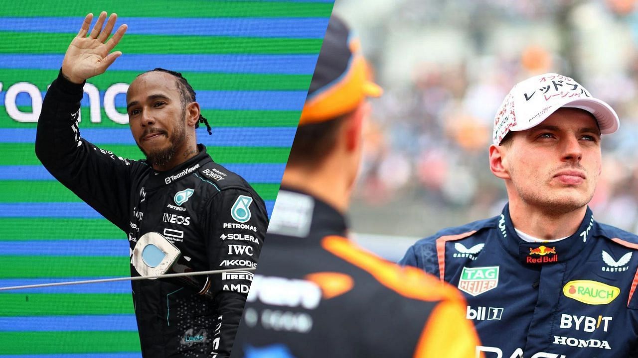 Lewis Hamilton looks on (L), Max Verstappen and Lando Norris (R). Image credits: All images from Getty