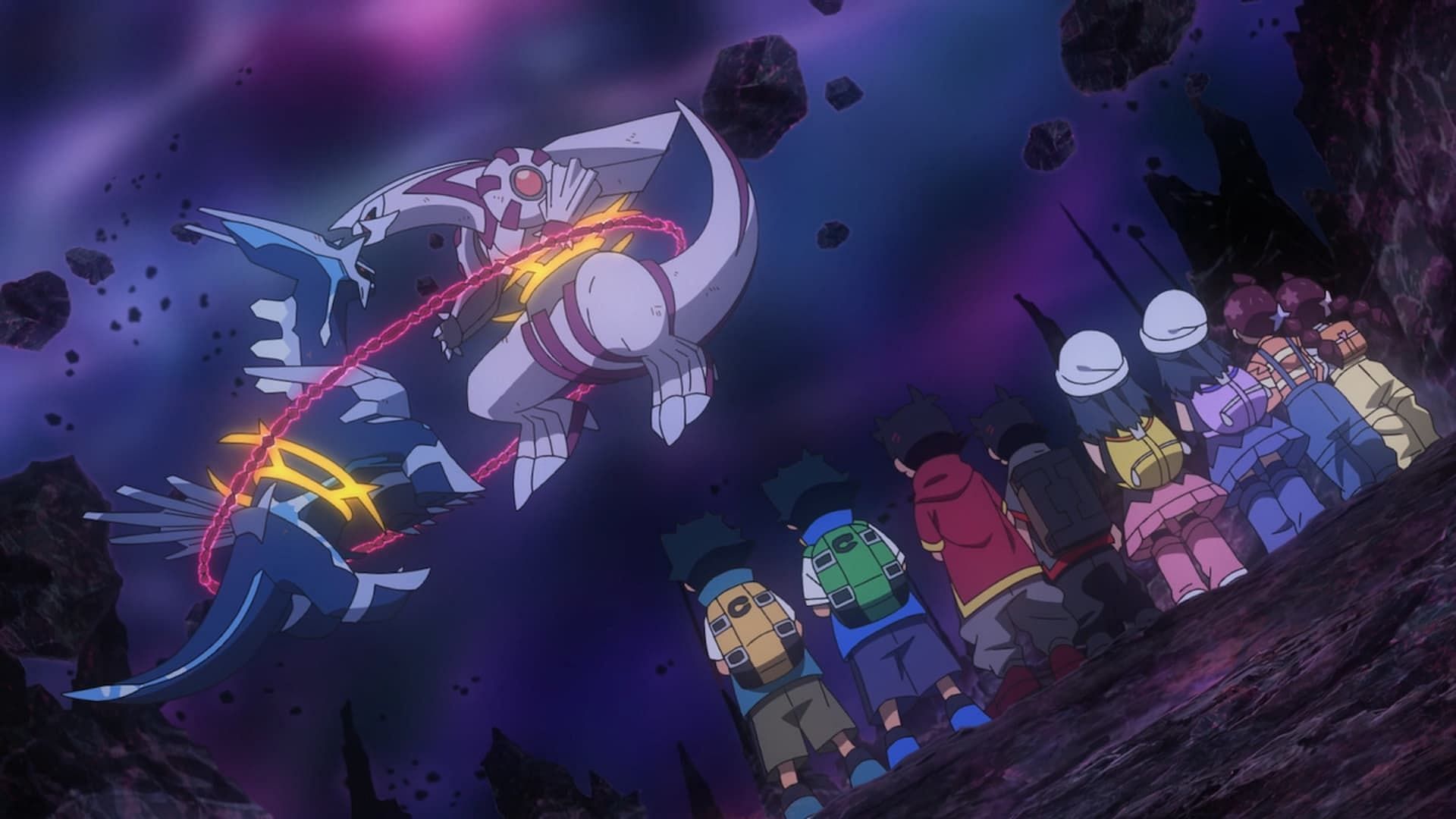 Clone of the main cast watching the intense battle between Dialga and Palkia (Image via TPC)