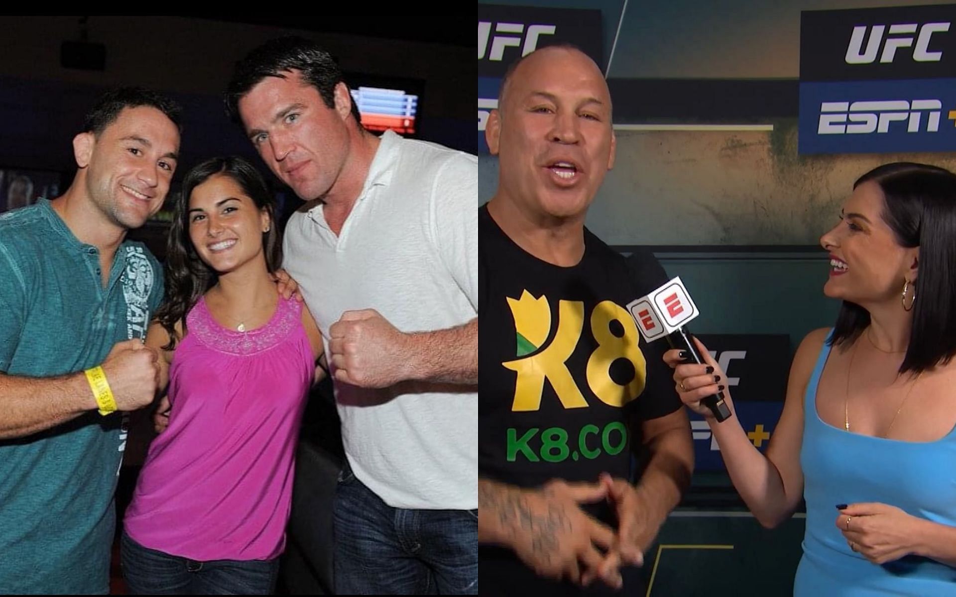 Frankie Edgar, Megan Olivi, and Chael Sonnen pose for a photo (far left, second from left, and third from left); Wanderlei Silva (second from right) was interviewed by Olivi [Images courtesy: @meganolivi on Instagram]