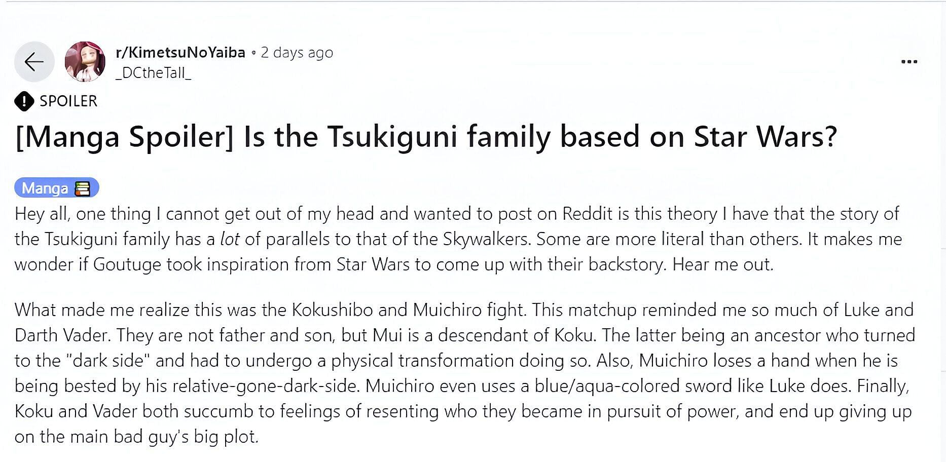 Discussion showcasing the similarity between Star Wars and Koyoharu Gotouge&#039;s magnum opus (Screengrab via Reddit thread r/KimutsunoYaiba)
