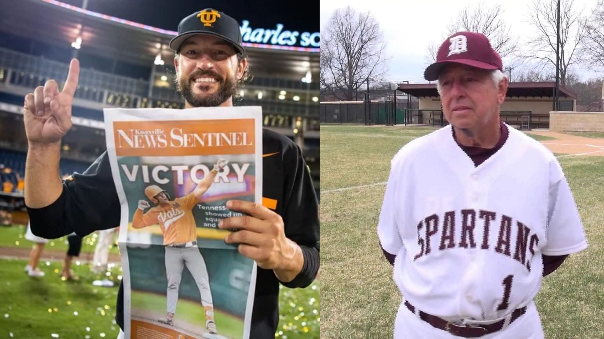 From left to right: Tennessee Volunteers coach Tony Vitello and his father Greg (Image Sources: Tony Vitello - IMAGN; Greg Vitello - https://mosportshalloffame.com/inductees/greg-vitello/#pid=2)