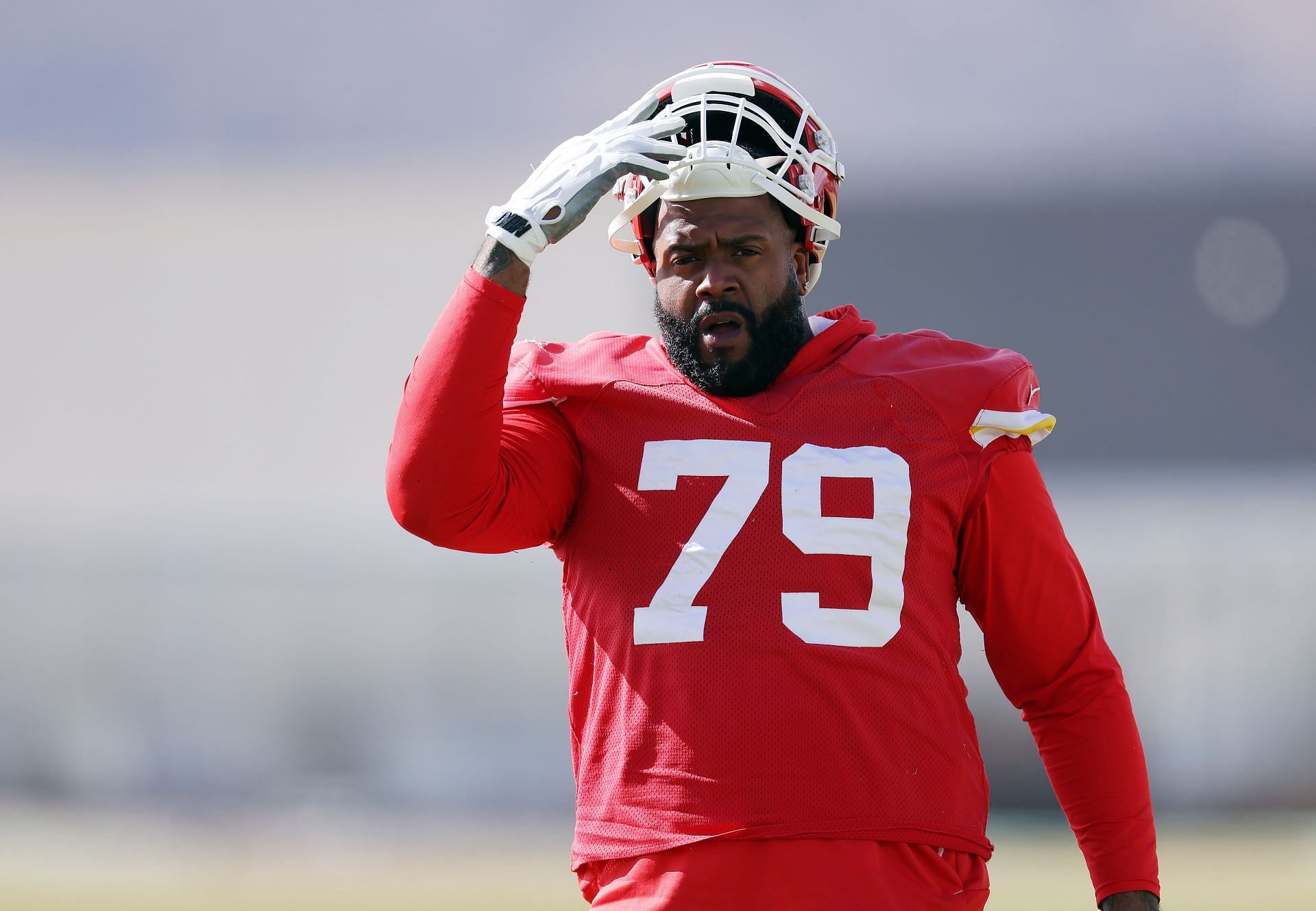 Offensive tackle Donovan Smith #79 warms up during Kansas City Chiefs practice ahead of Super Bowl LVIII  (Image credit: Getty)