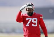 Offensive tackle Donovan Smith #79 warms up during Kansas City Chiefs practice ahead of Super Bowl LVIII (Image credit: Getty)