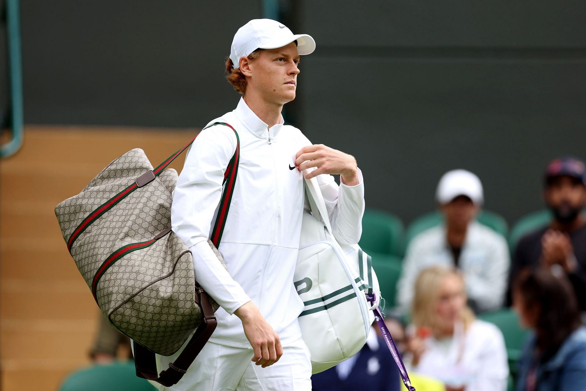 Jannik Sinner with his Gucci duffle bag at the 2023 Wimbledon Championships