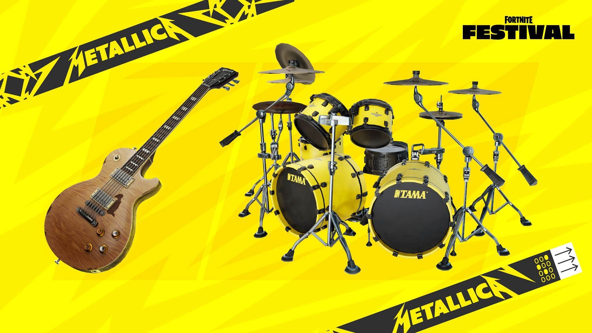 The Lars&#039;s TAMA Drum Kit and Kirk&rsquo;s Gibson &ldquo;Greeny&rdquo; Les Paul Guitar (Image via Epic Games)