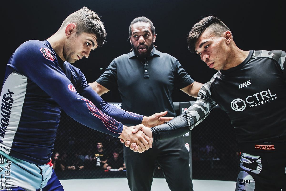 Mikey Musumeci and Gabriel Sousa shaking hands before their fight  | Image credit: ONE Championship