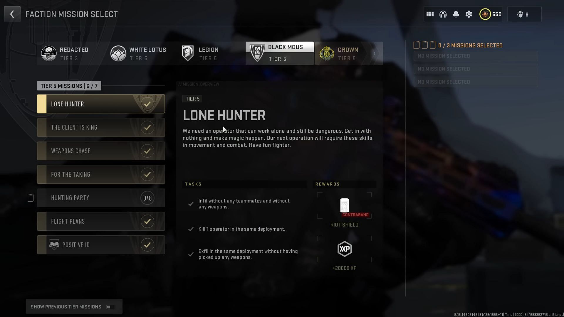 Faction Mission list in DMZ (Image via Activision)