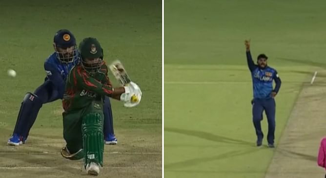 [Watch] Wanindu Hasaranga traps Towhid Hridoy lbw after being hit for a hat-trick of sixes in SL vs BAN T20 World Cup match