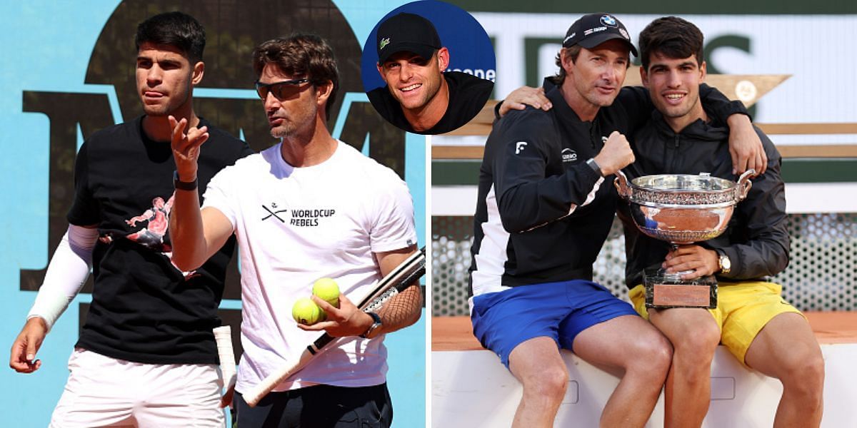 Carlos Alcaraz with Juan Carlos Fererro and Andy Roddick (inset) [Source: Getty Images]