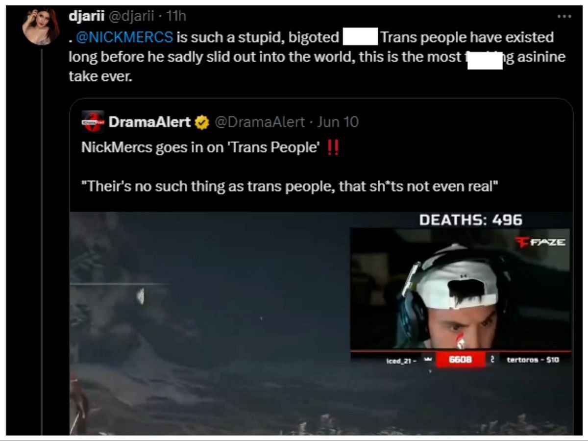 Nick&#039;s rant about transgendered people prompted a response from Twitch streamer Djarii. (Image via X.com)