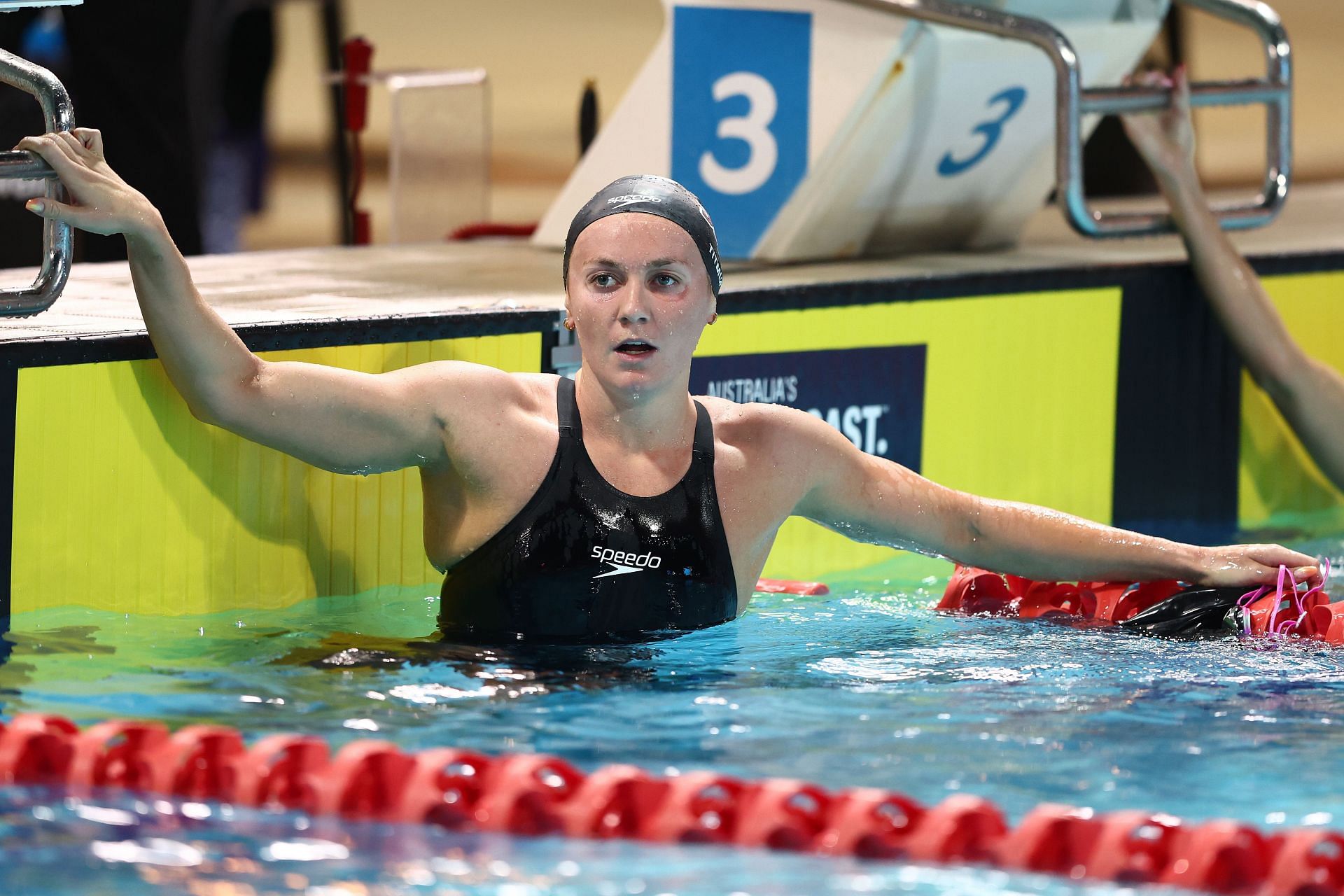 Ariarne Titmus celebrates winning the Woman&#039;s 800m Freestyle Final during the 2024 Australian Open Swimming Championships in Gold Coast, Australia.