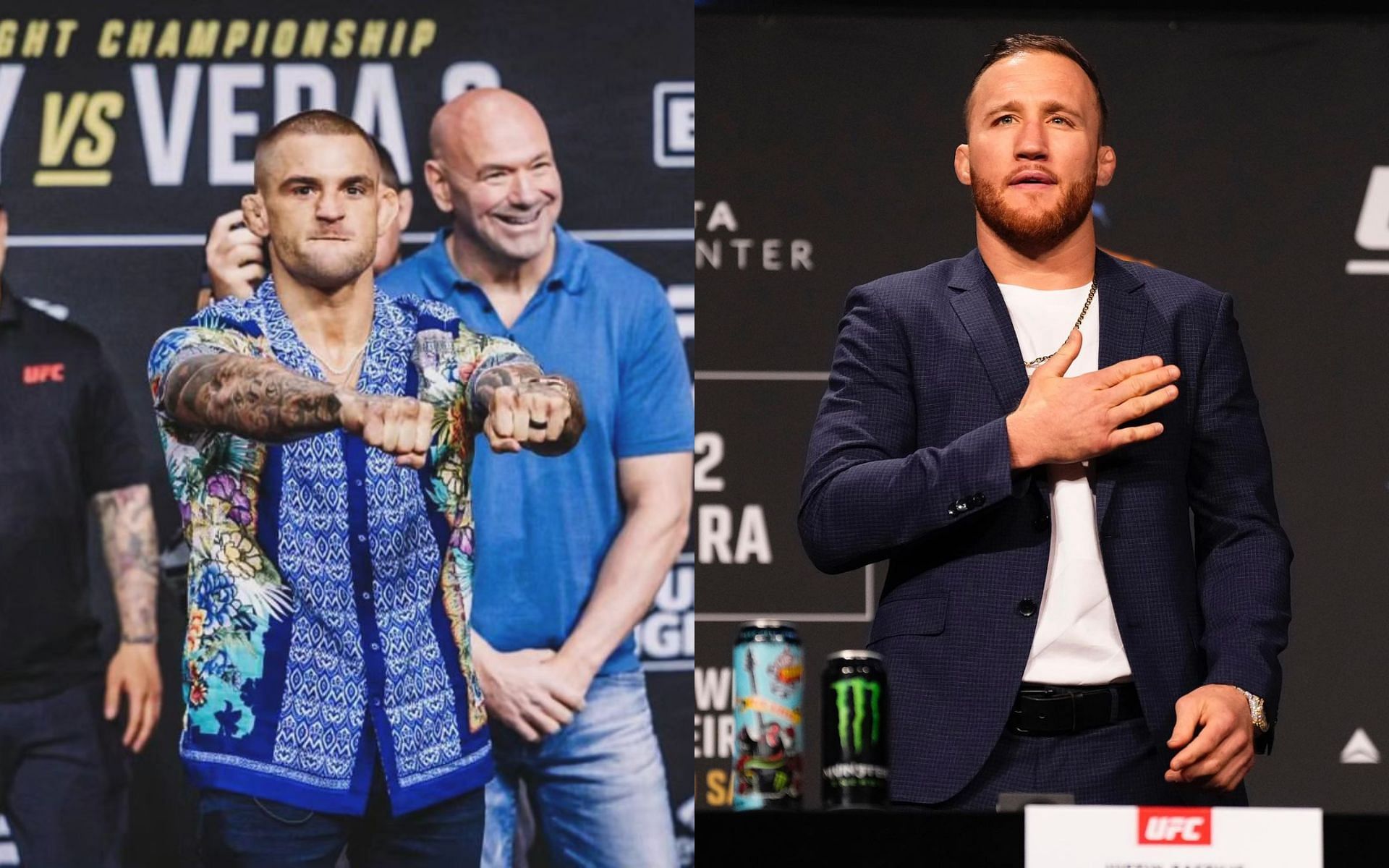 Dustin Poirier (left) reflected on a trilogy fight with Justin Gaethje (right) in the future [Image courtesy:  @dustinpoirier and @justin_gaethje on Instagram]