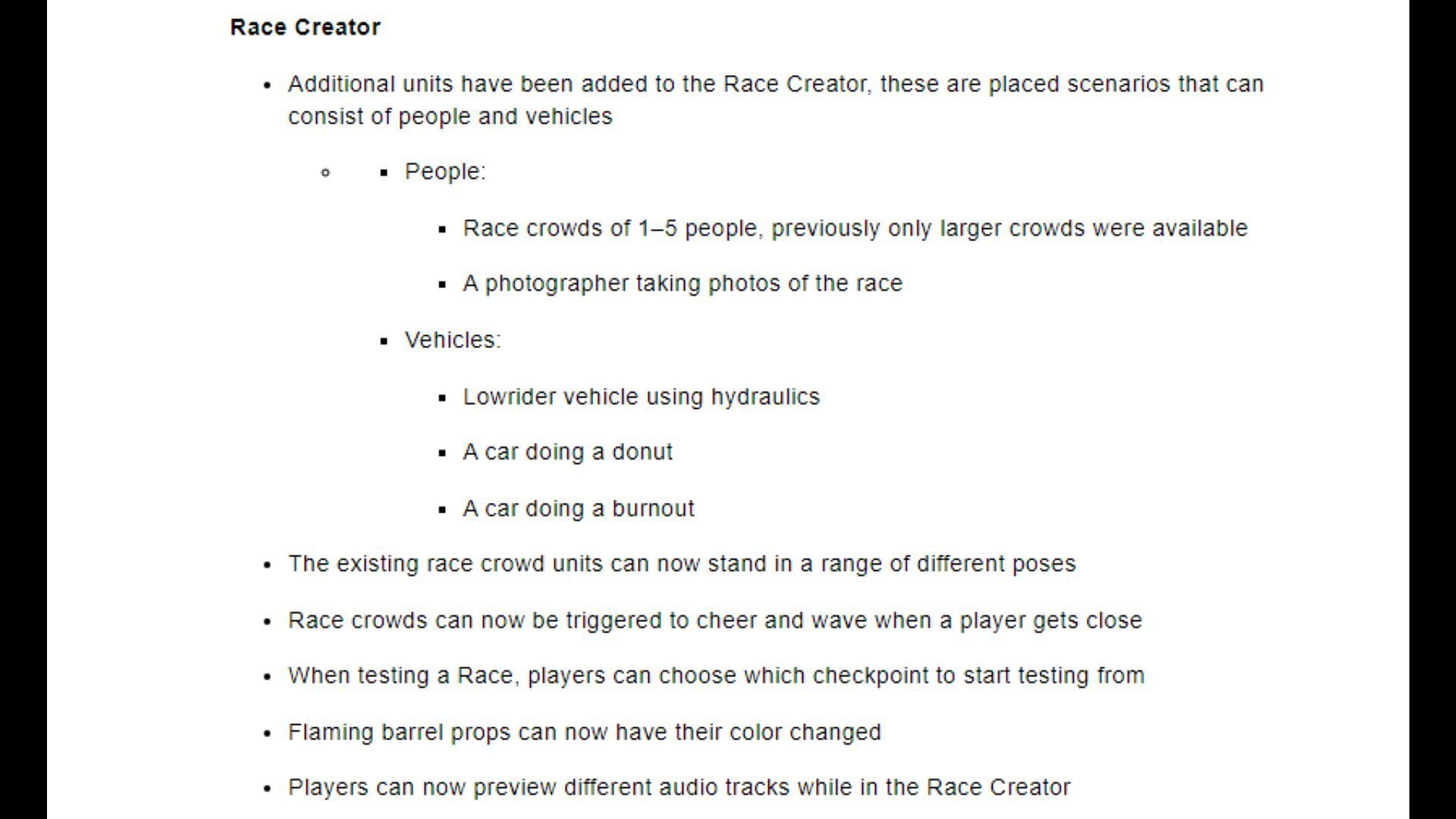 Race Creator updates mentioned in the GTA Online patch notes (Image via Rockstar Games)