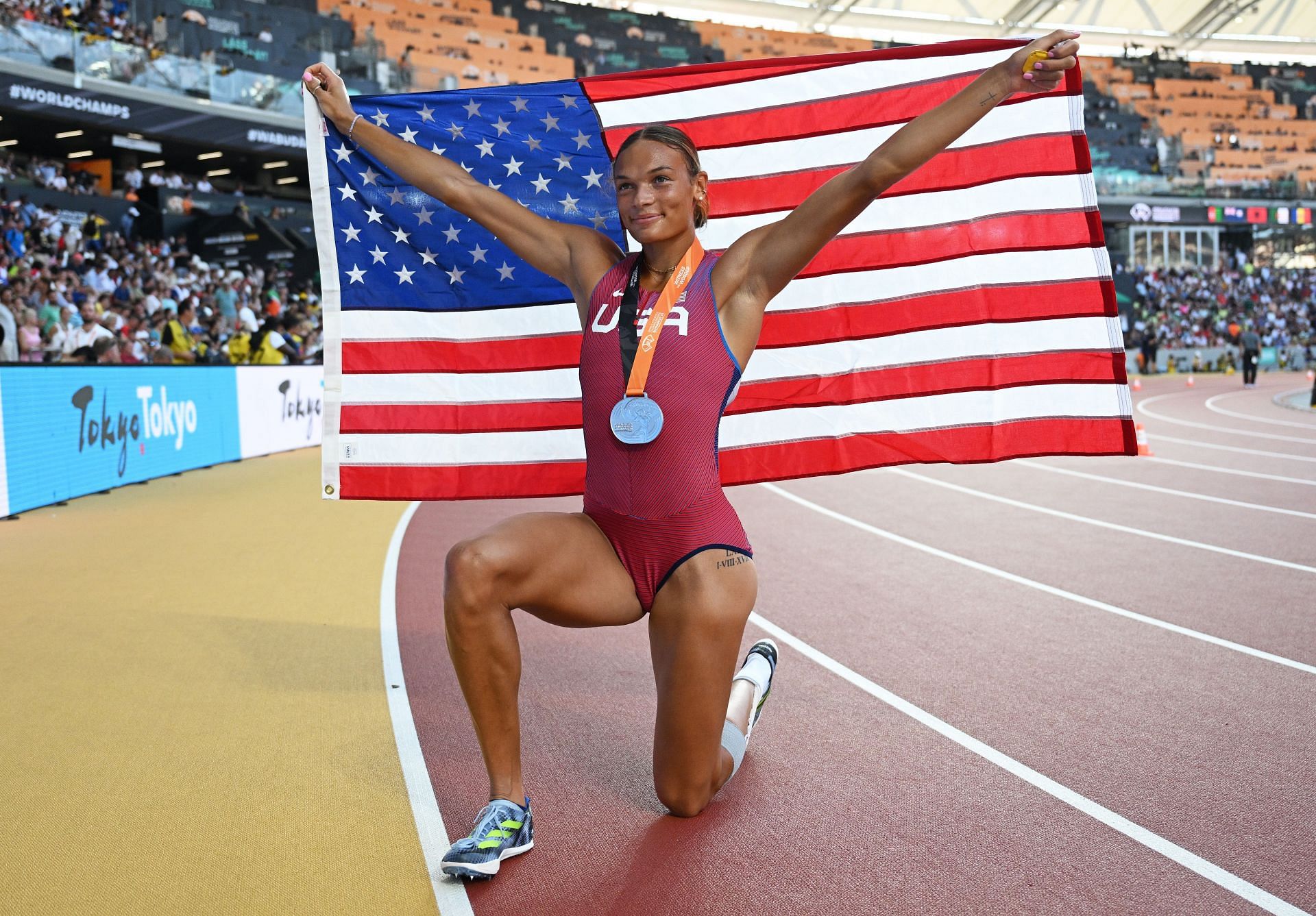 Anna Hall celebrates after finishing second in the Women&#039;s 800m Heptathlon final during the World Athletics Championships 2023 in Budapest, Hungary.