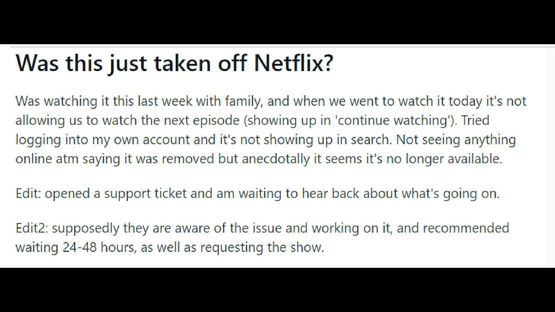 A user reported on the sudden disappearance of Madam Secretary from Netflix (Image via Reddit @Diligent_Mine_3056)